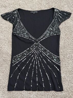 Pierri New York Black Beaded V-Neck Top